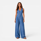 Felorro | Women’s Sleeveless Denim Wide Leg Jumpsuit with Button Front