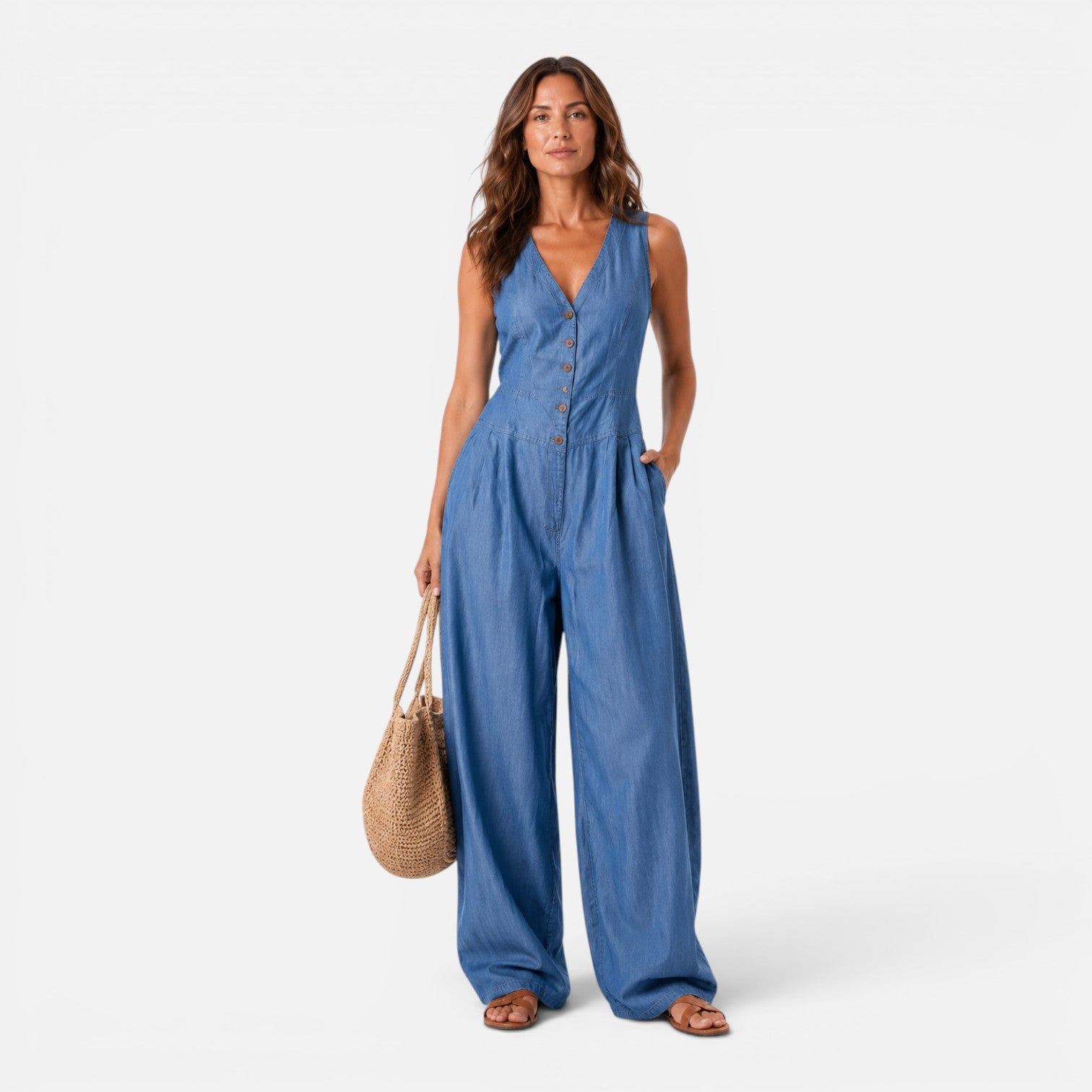 Felorro | Women’s Sleeveless Denim Wide Leg Jumpsuit with Button Front
