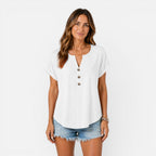 Felorro | Women’s Buttoned V-Neck T-Shirt Relaxed Fit Lightweight Summer Top