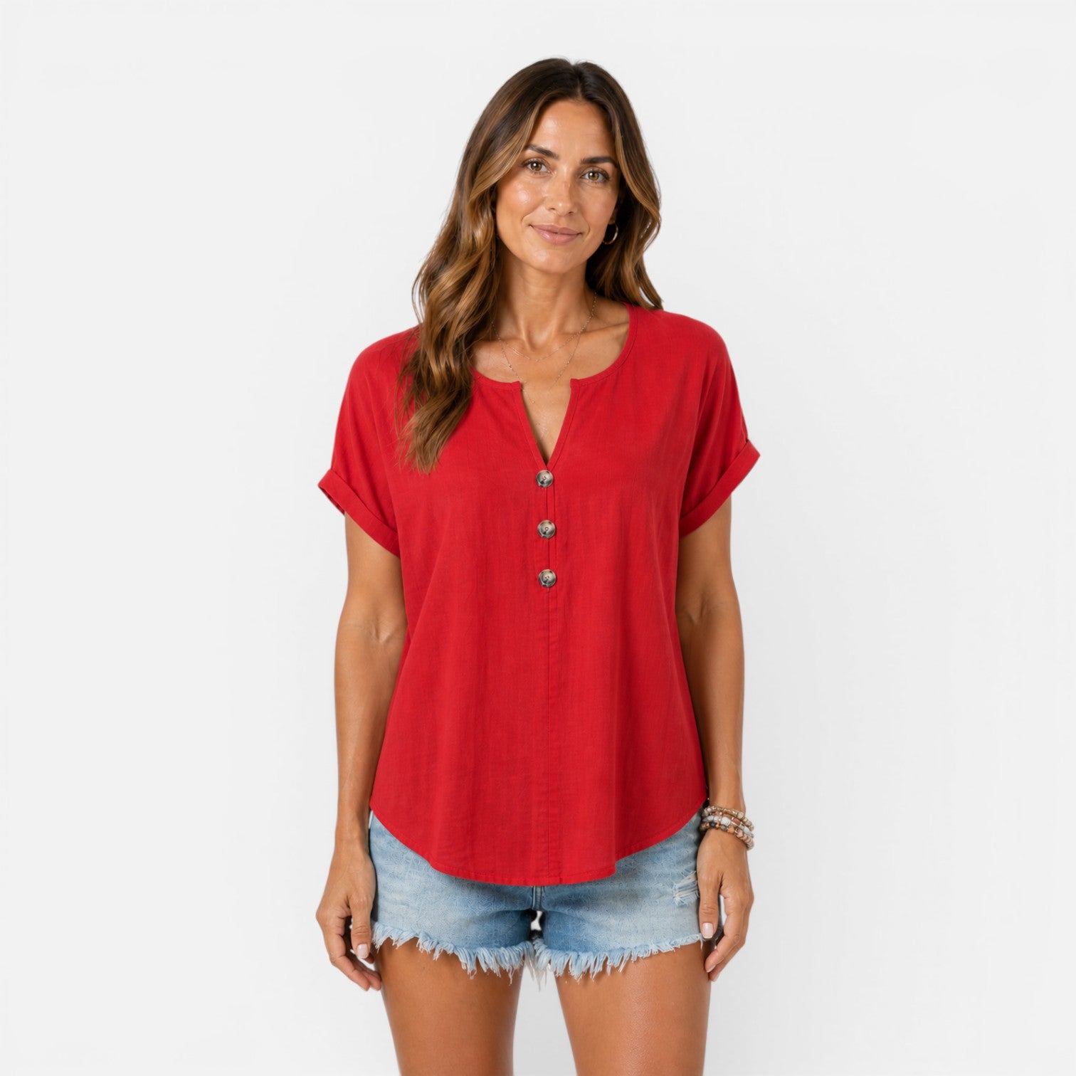 Felorro | Women’s Buttoned V-Neck T-Shirt Relaxed Fit Lightweight Summer Top