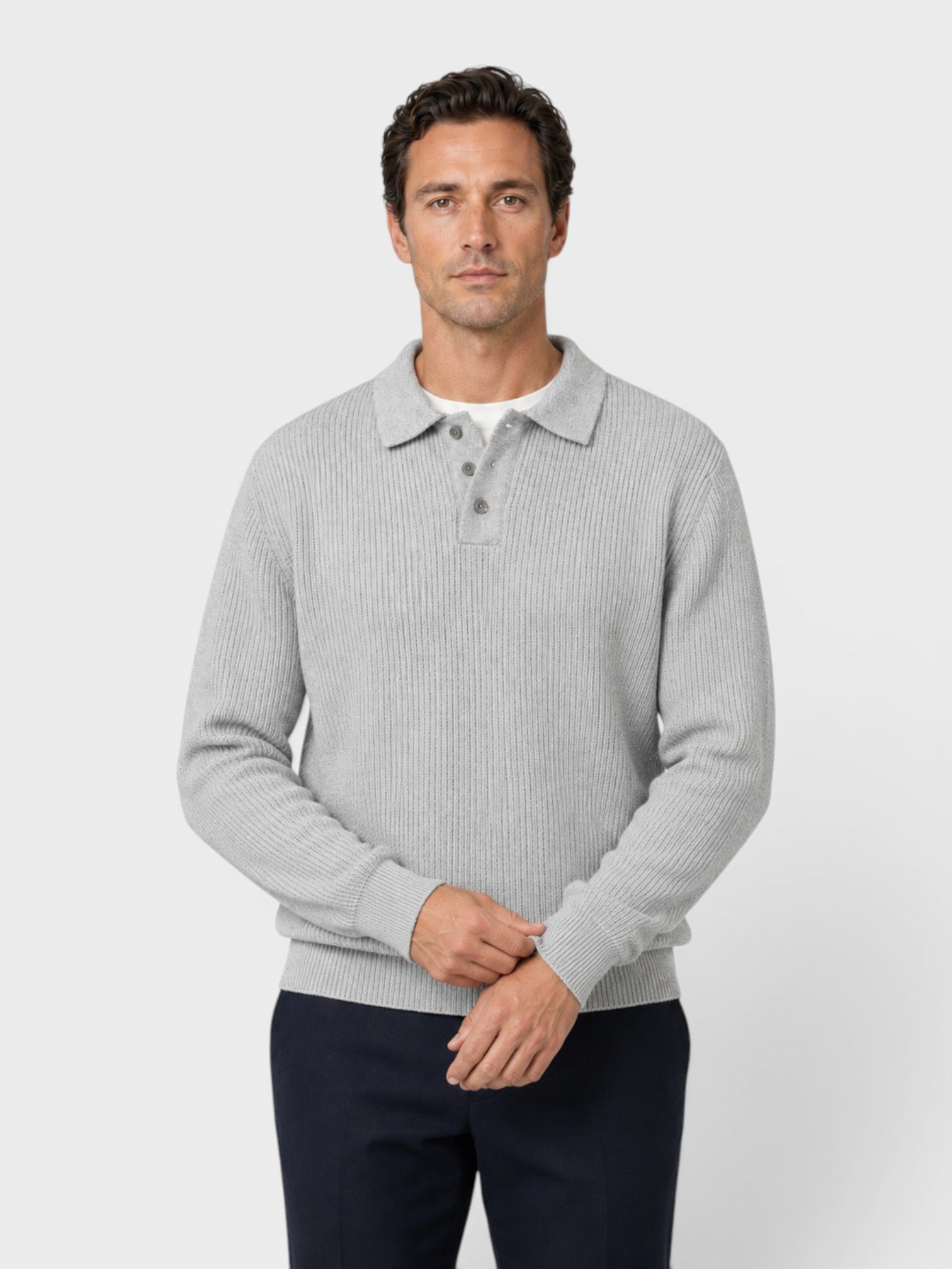 Men's Ribbed Knit Polo Sweater – Long Sleeve