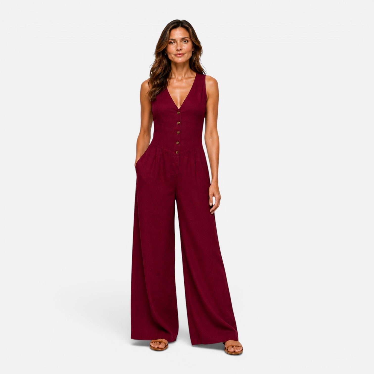 Felorro | Women’s Button Detail Wide Leg Jumpsuit