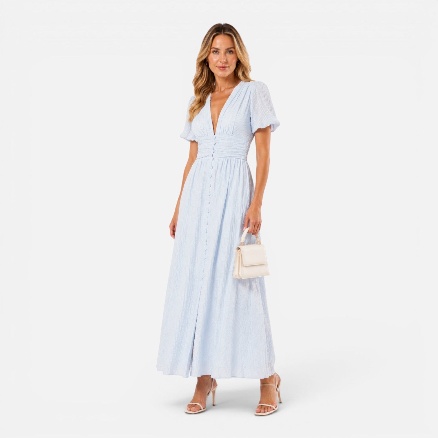 Felorro | Women’s Maxi Dress – Deep V-Neck Puff Sleeve Formal Dress