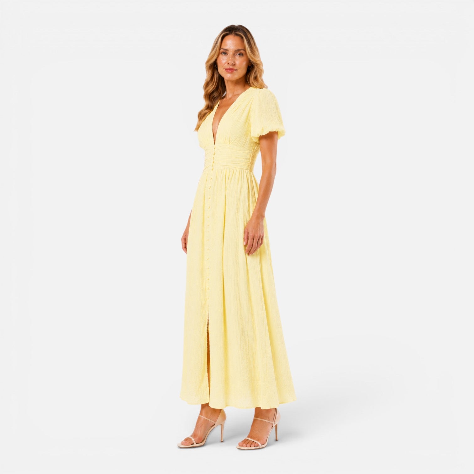 Felorro | Women’s Maxi Dress – Deep V-Neck Puff Sleeve Formal Dress