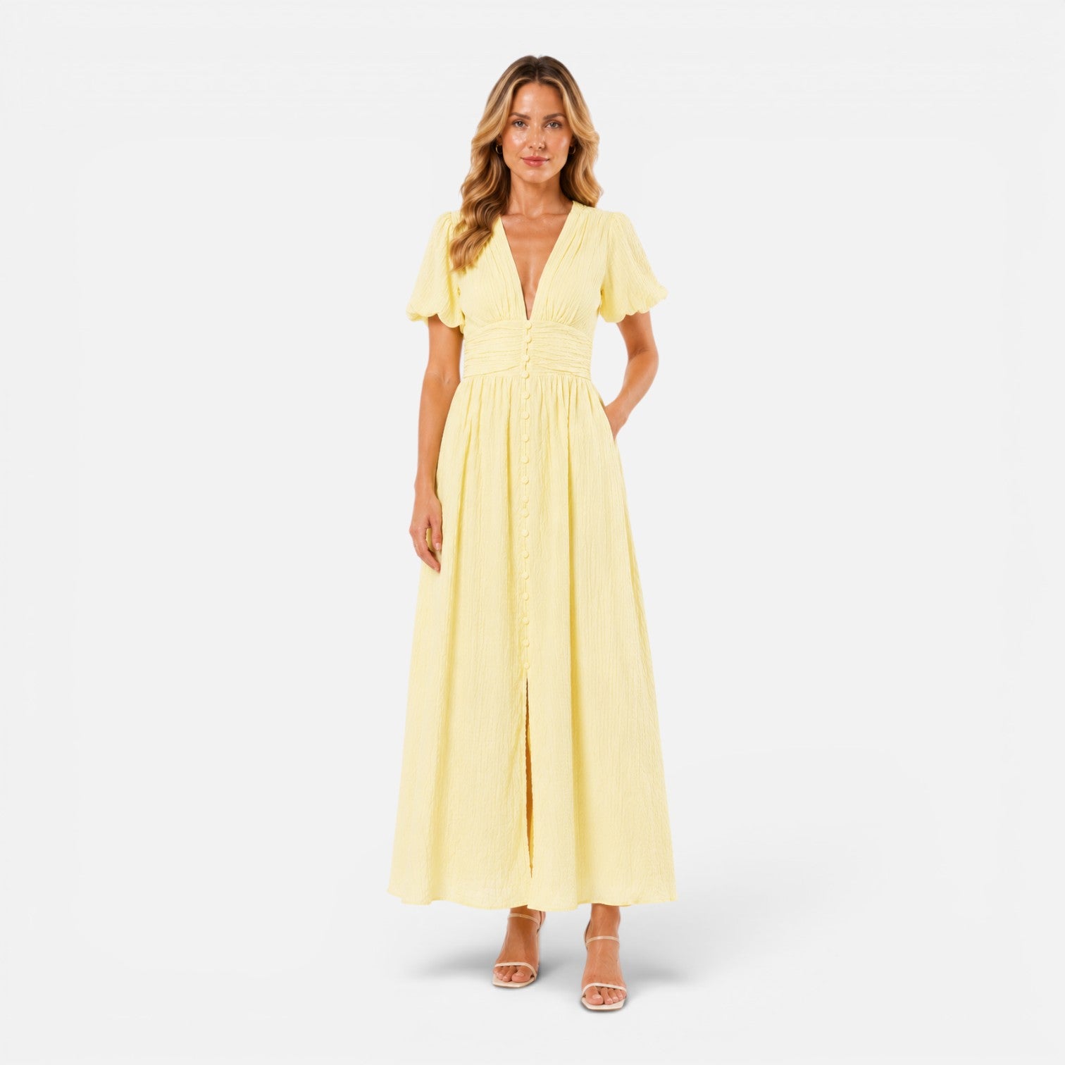Felorro | Women’s Maxi Dress – Deep V-Neck Puff Sleeve Formal Dress