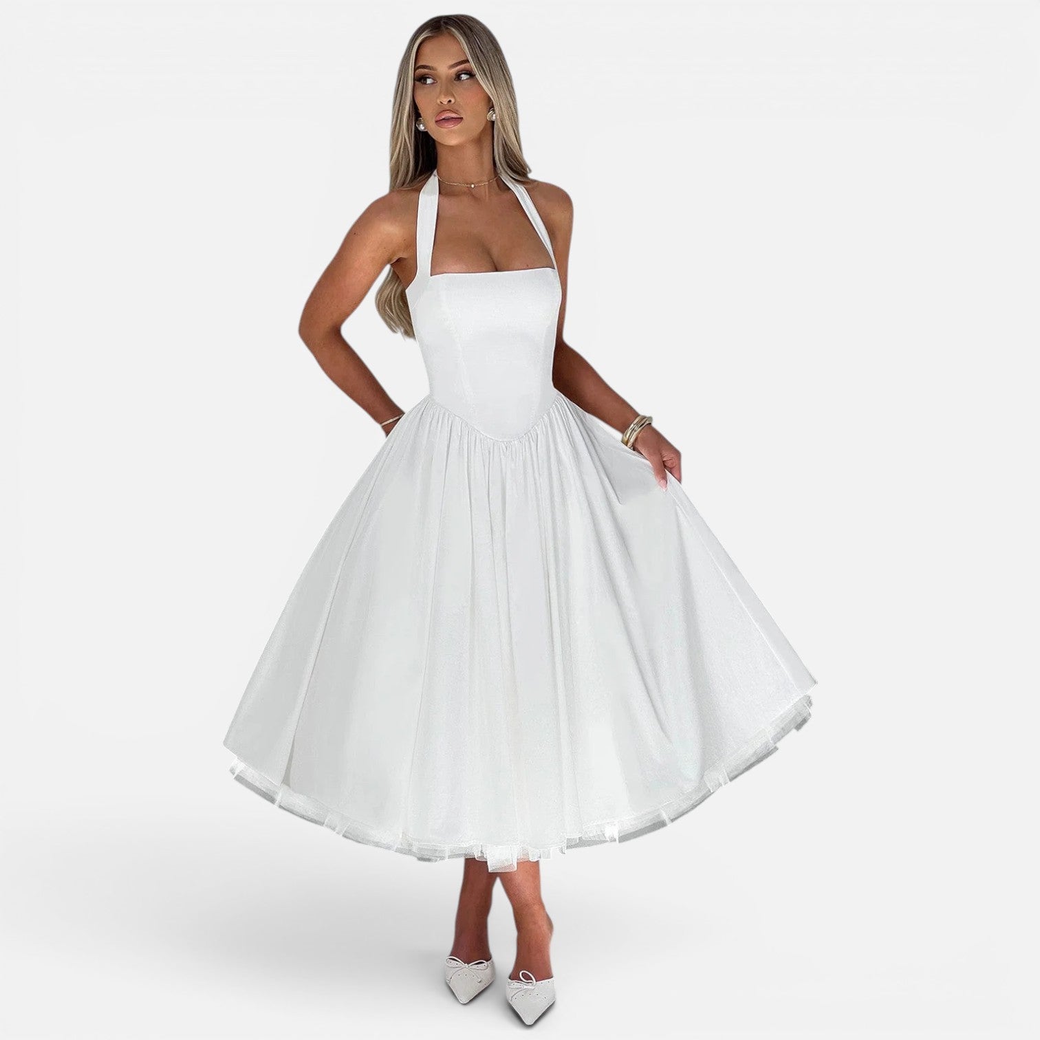 Felorro | Women’s Halter Neck Corset Midi Dress Backless Fit and Flare Party Dress