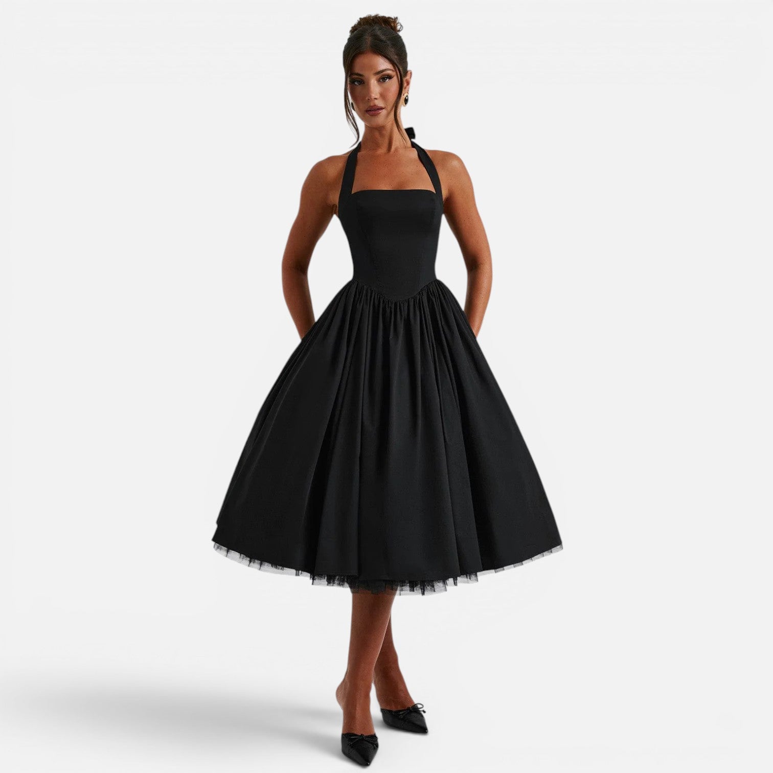 Felorro | Women’s Halter Neck Corset Midi Dress Backless Fit and Flare Party Dress