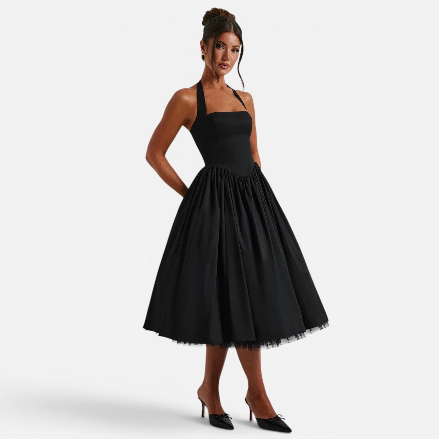 Felorro | Women’s Halter Neck Corset Midi Dress Backless Fit and Flare Party Dress