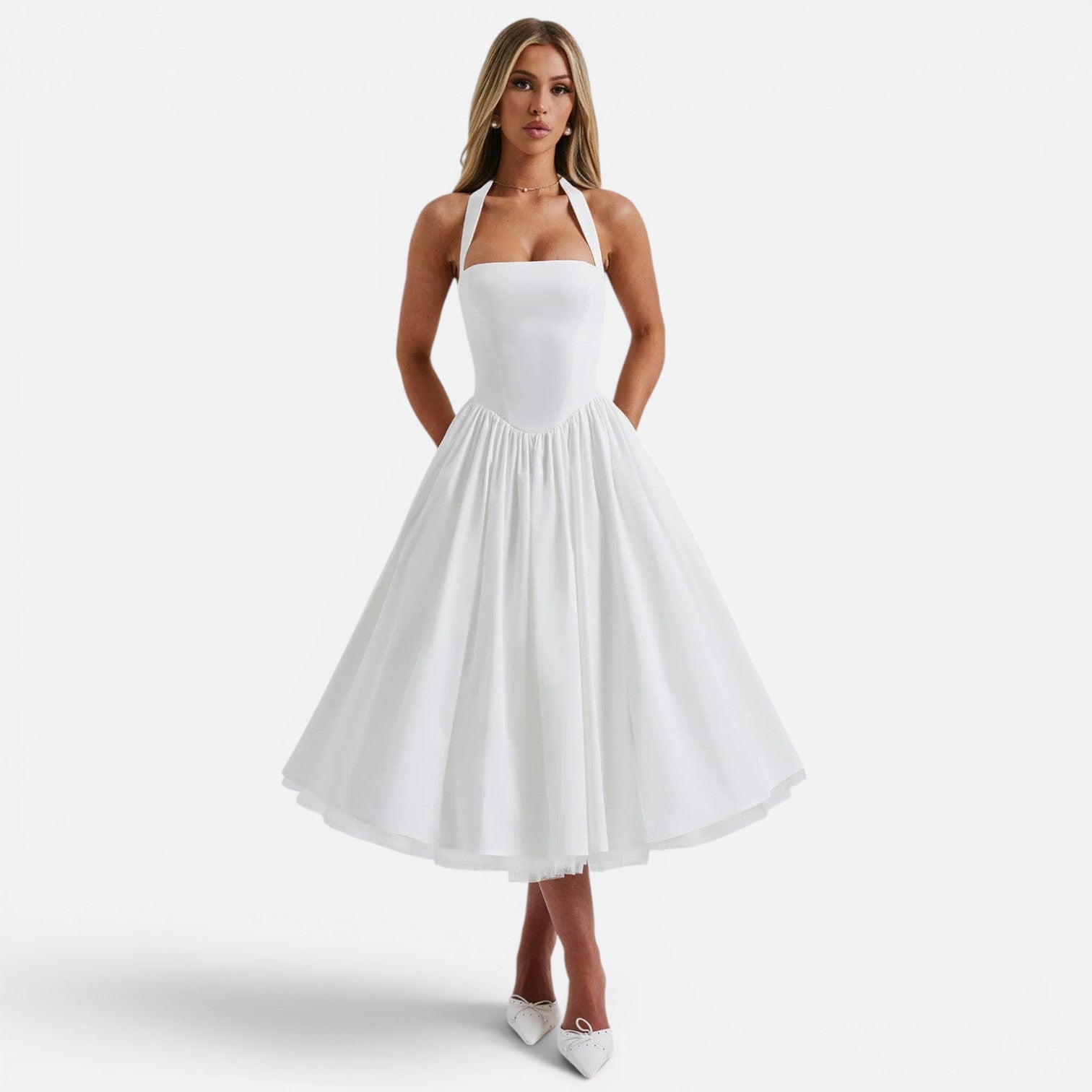 Felorro | Women’s Halter Neck Corset Midi Dress Backless Fit and Flare Party Dress