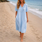 Felorro | Women’s Linen Beach Dress – Casual V-Neck Midi Summer Dress