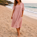 Felorro | Women’s Linen Beach Dress – Casual V-Neck Midi Summer Dress