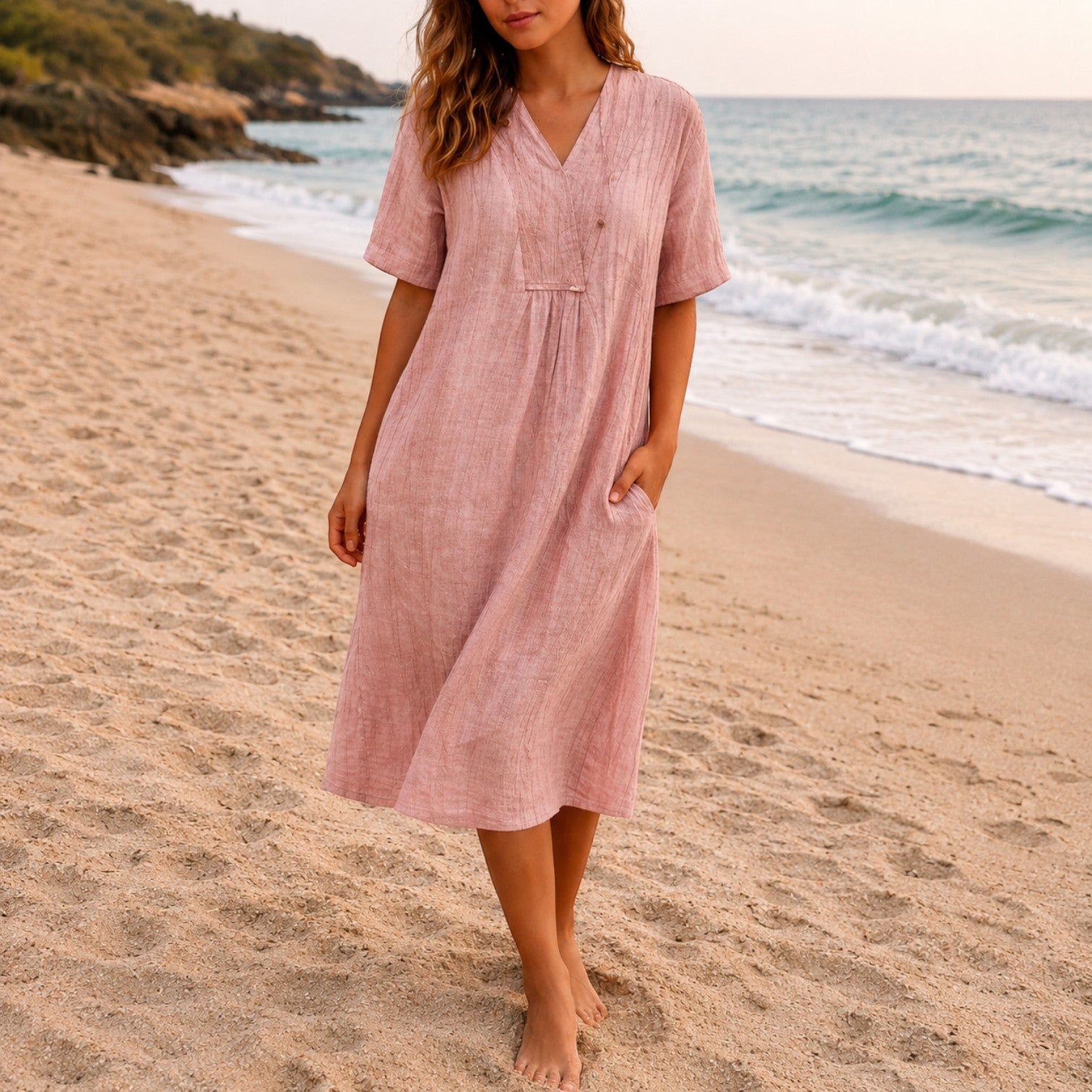 Felorro | Women’s Linen Beach Dress – Casual V-Neck Midi Summer Dress