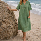 Felorro | Women’s Linen Beach Dress – Casual V-Neck Midi Summer Dress
