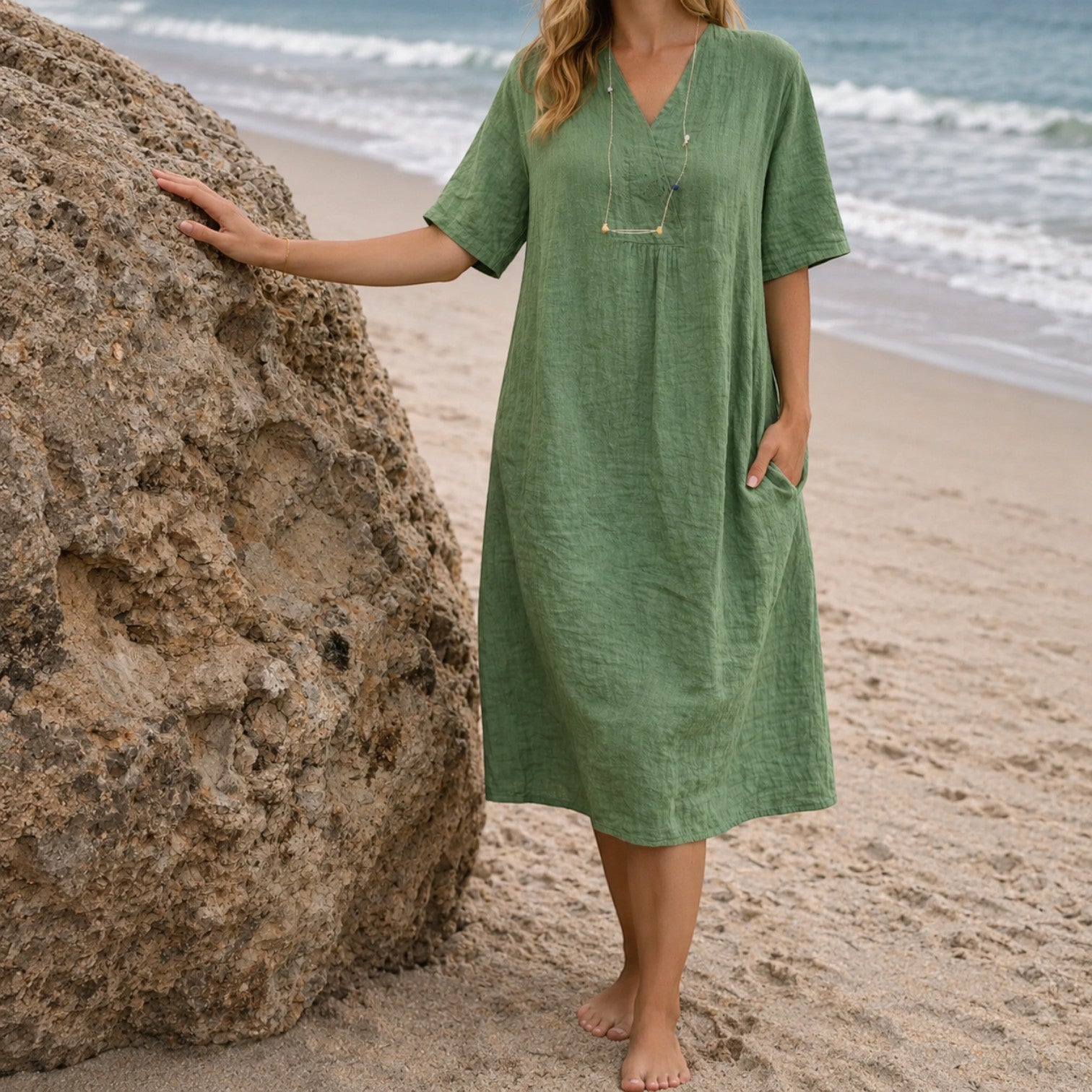 Felorro | Women’s Linen Beach Dress – Casual V-Neck Midi Summer Dress