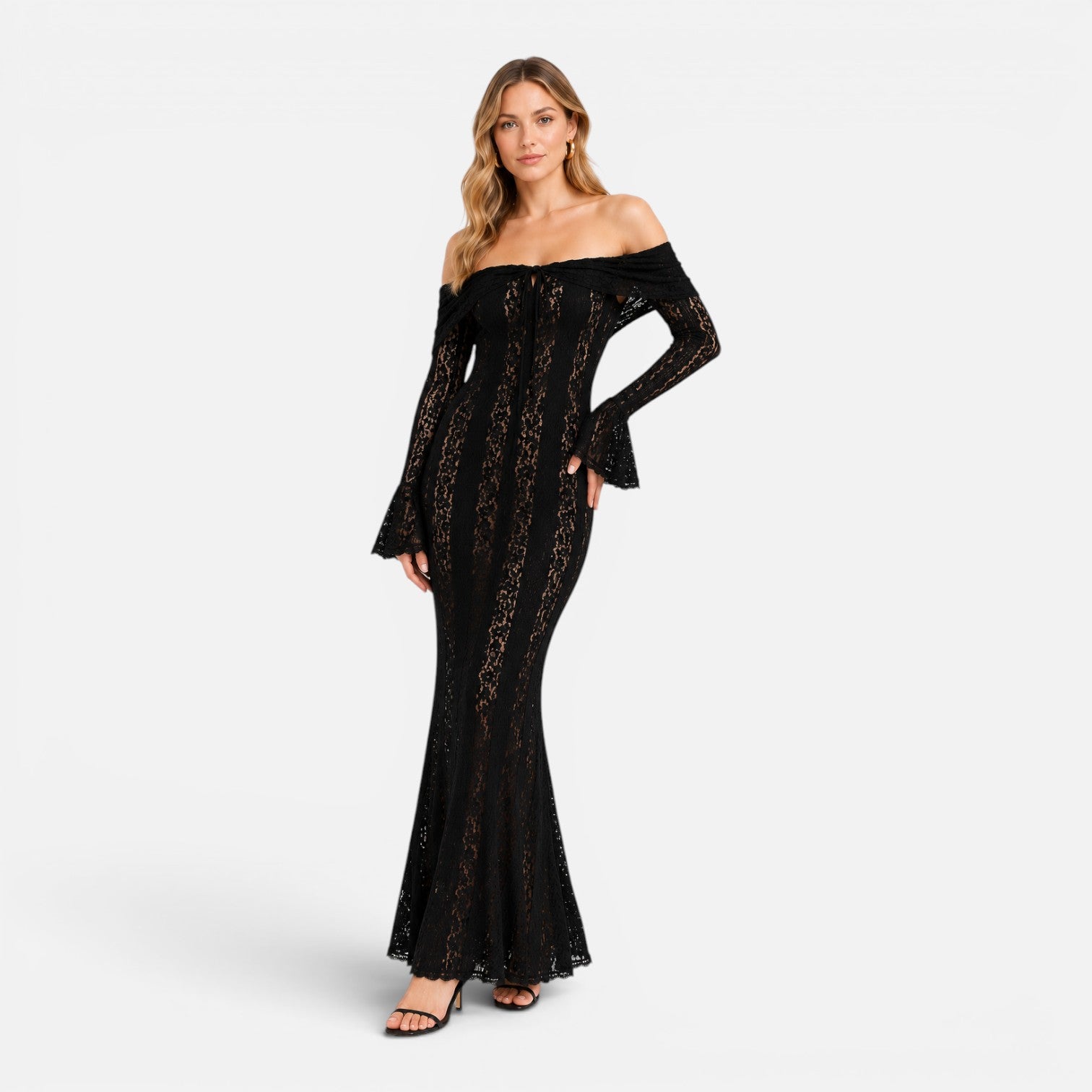 Felorro | Women’s Off Shoulder Lace Maxi Dress with Flare Sleeves