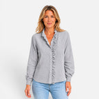Felorro | Women’s Ruffle Collar Button-Up Blouse – Long Sleeve Striped Shirt
