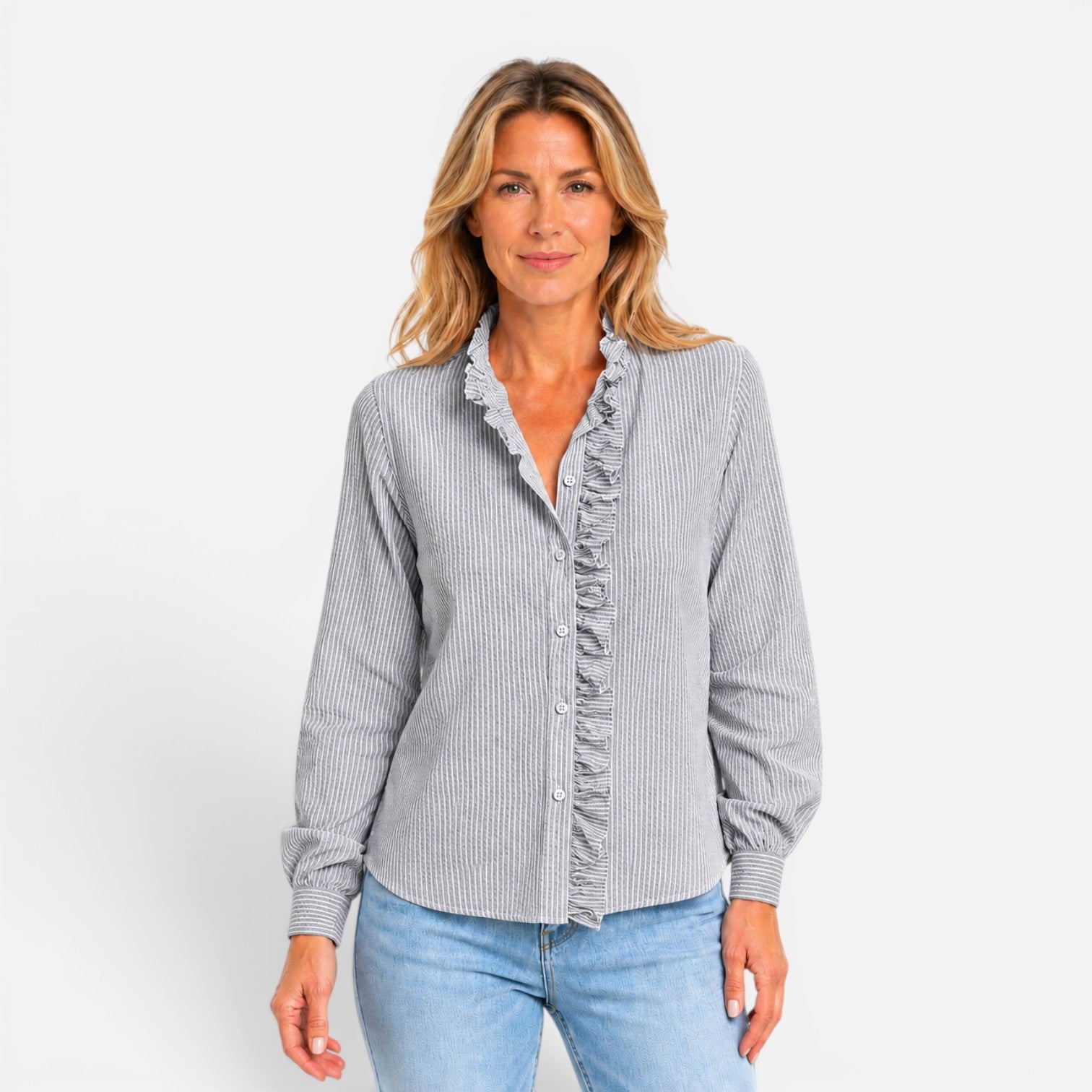 Felorro | Women’s Ruffle Collar Button-Up Blouse – Long Sleeve Striped Shirt