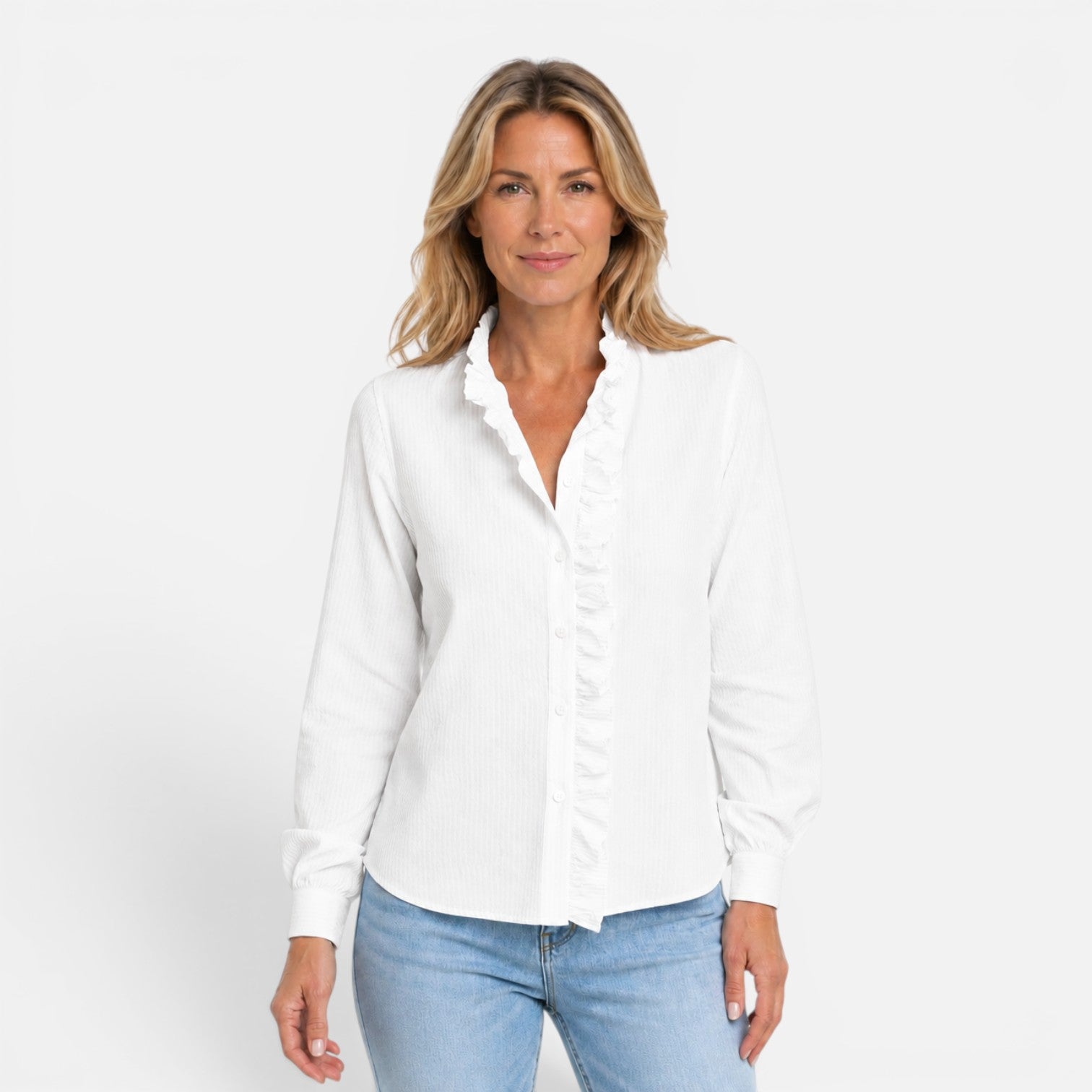 Felorro | Women’s Ruffle Collar Button-Up Blouse – Long Sleeve Striped Shirt