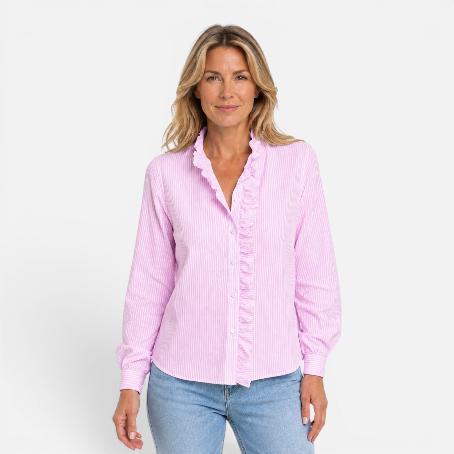 Felorro | Women’s Ruffle Collar Button-Up Blouse – Long Sleeve Striped Shirt