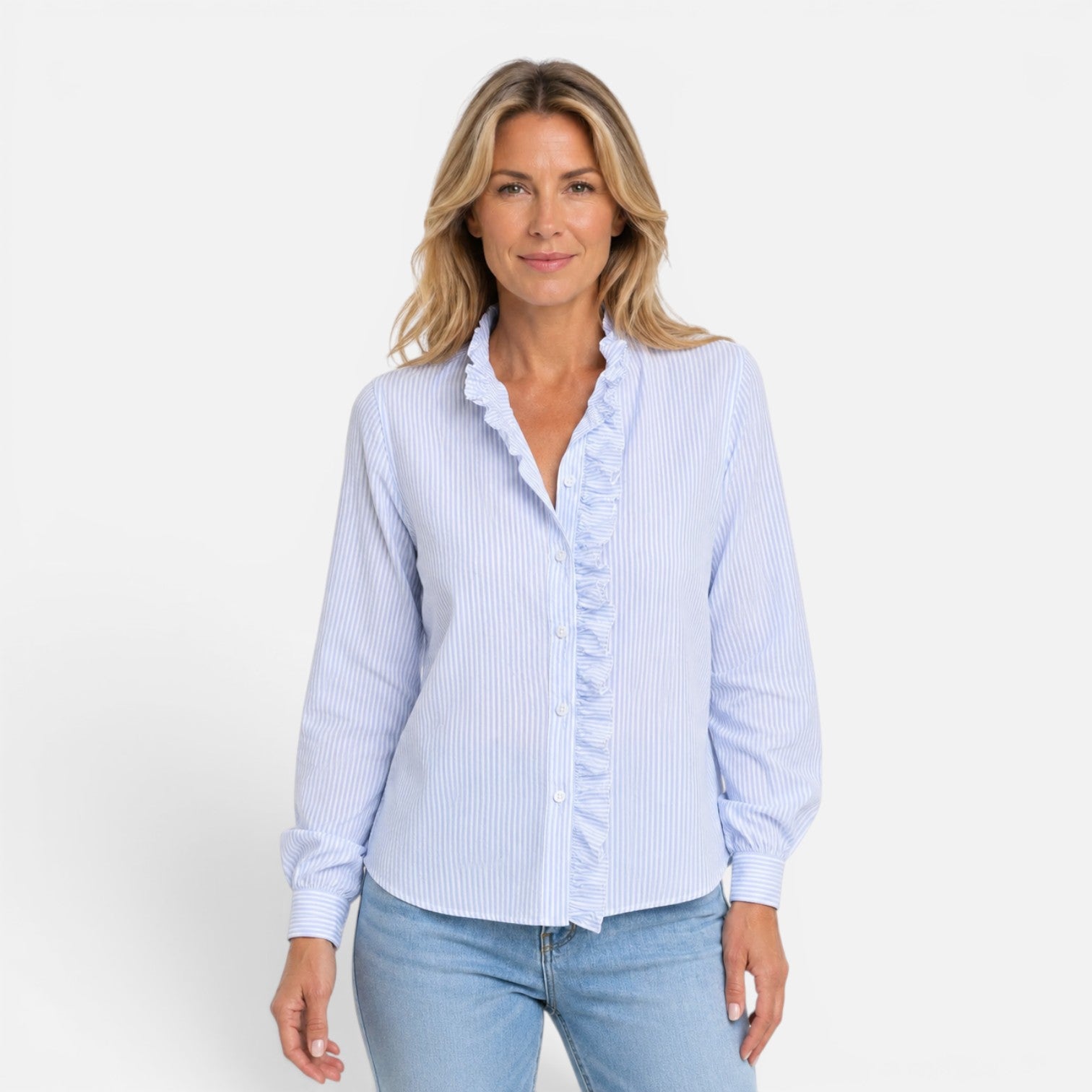 Felorro | Women’s Ruffle Collar Button-Up Blouse – Long Sleeve Striped Shirt