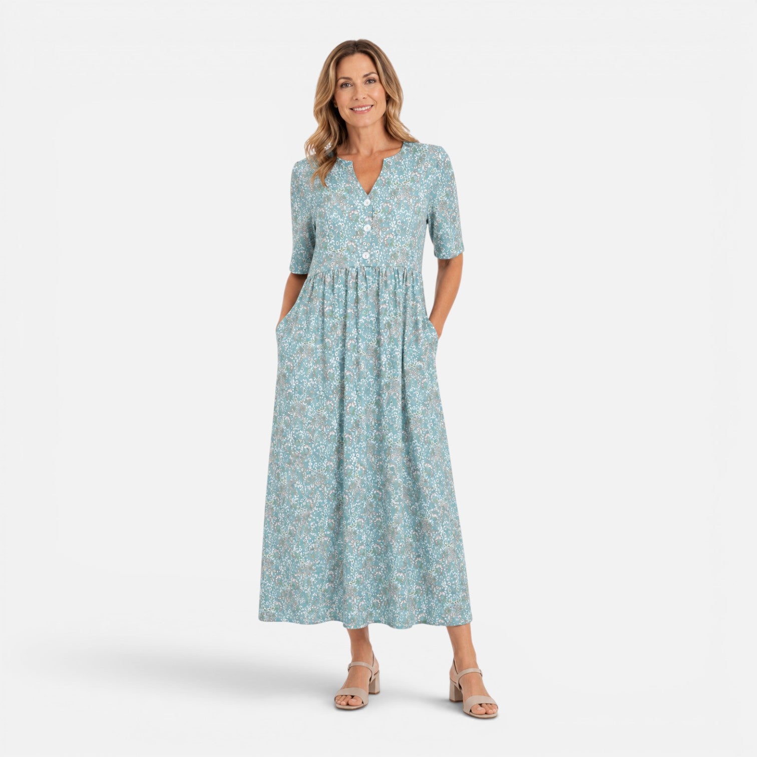 Felorro | Women's V-Neck A-Line Floral Midi Dress