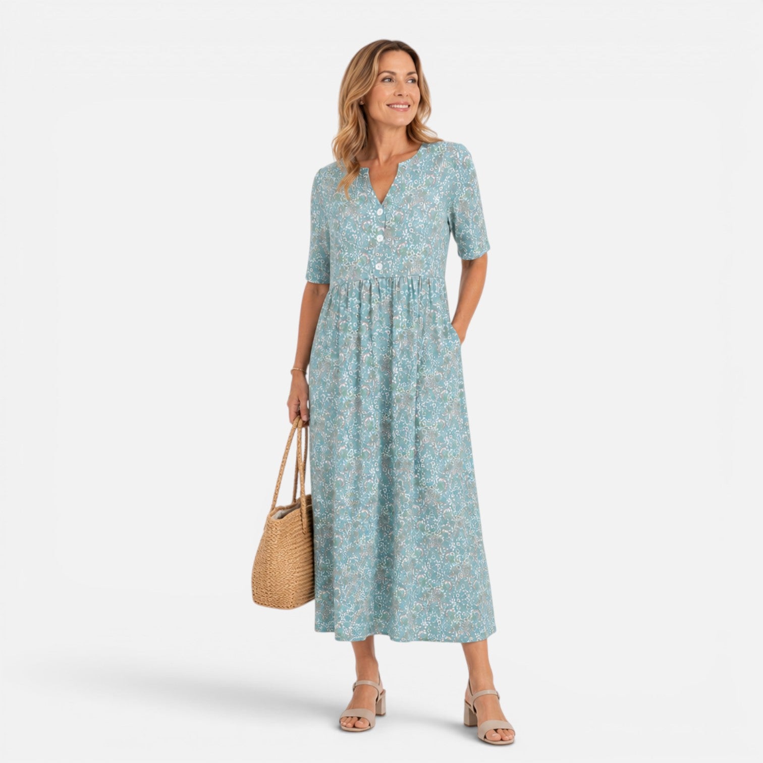Felorro | Women's V-Neck A-Line Floral Midi Dress