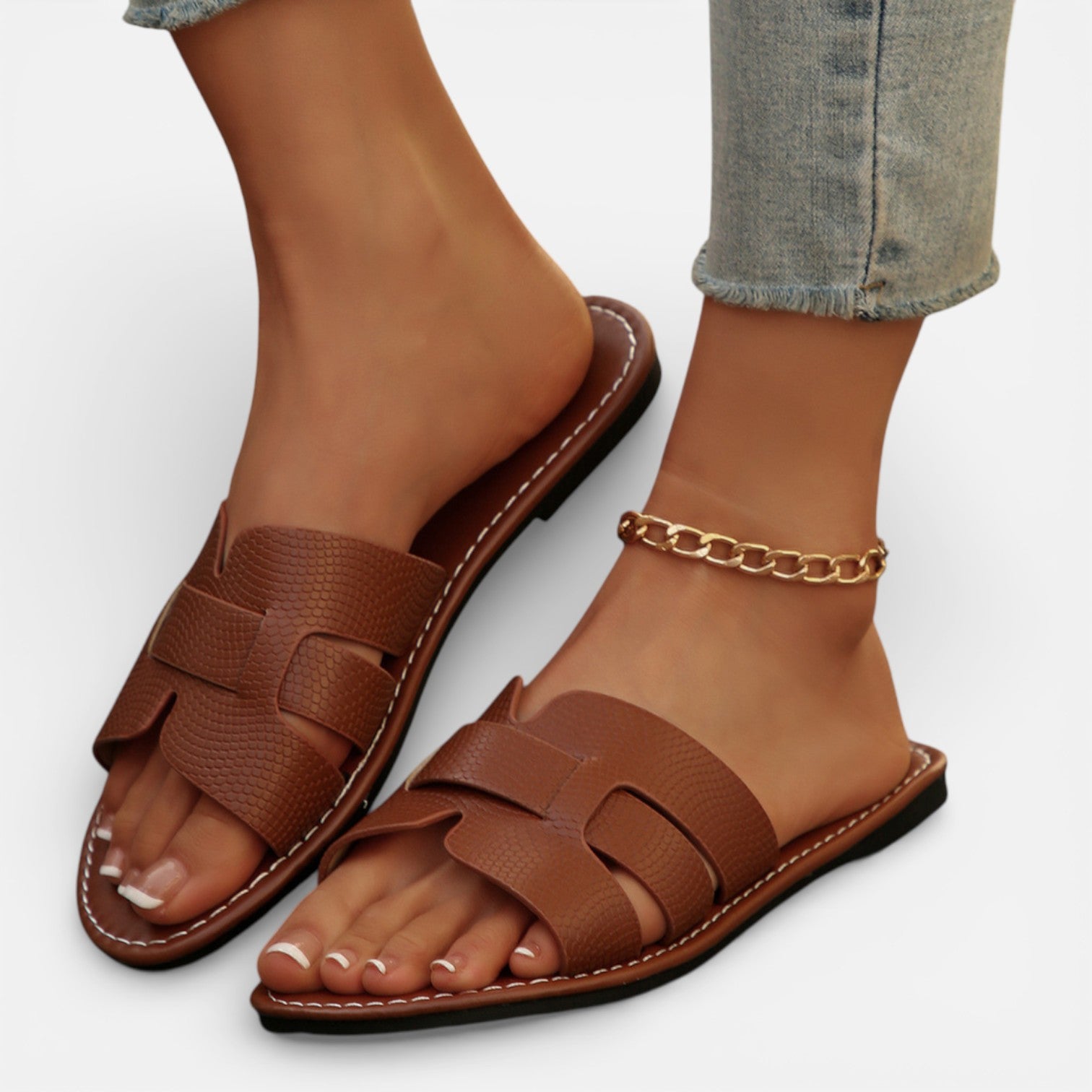 Felorro | Women’s Leather Slide Sandals Cushioned Comfort Flat Open Toe