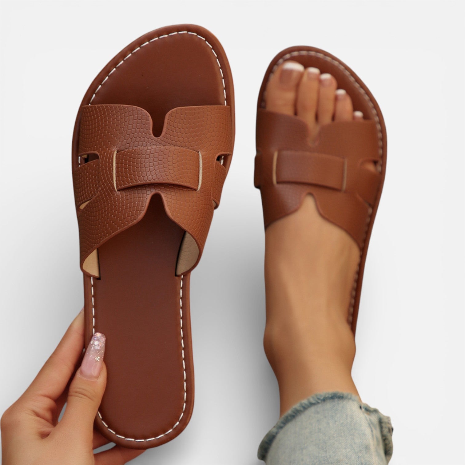 Felorro | Women’s Leather Slide Sandals Cushioned Comfort Flat Open Toe