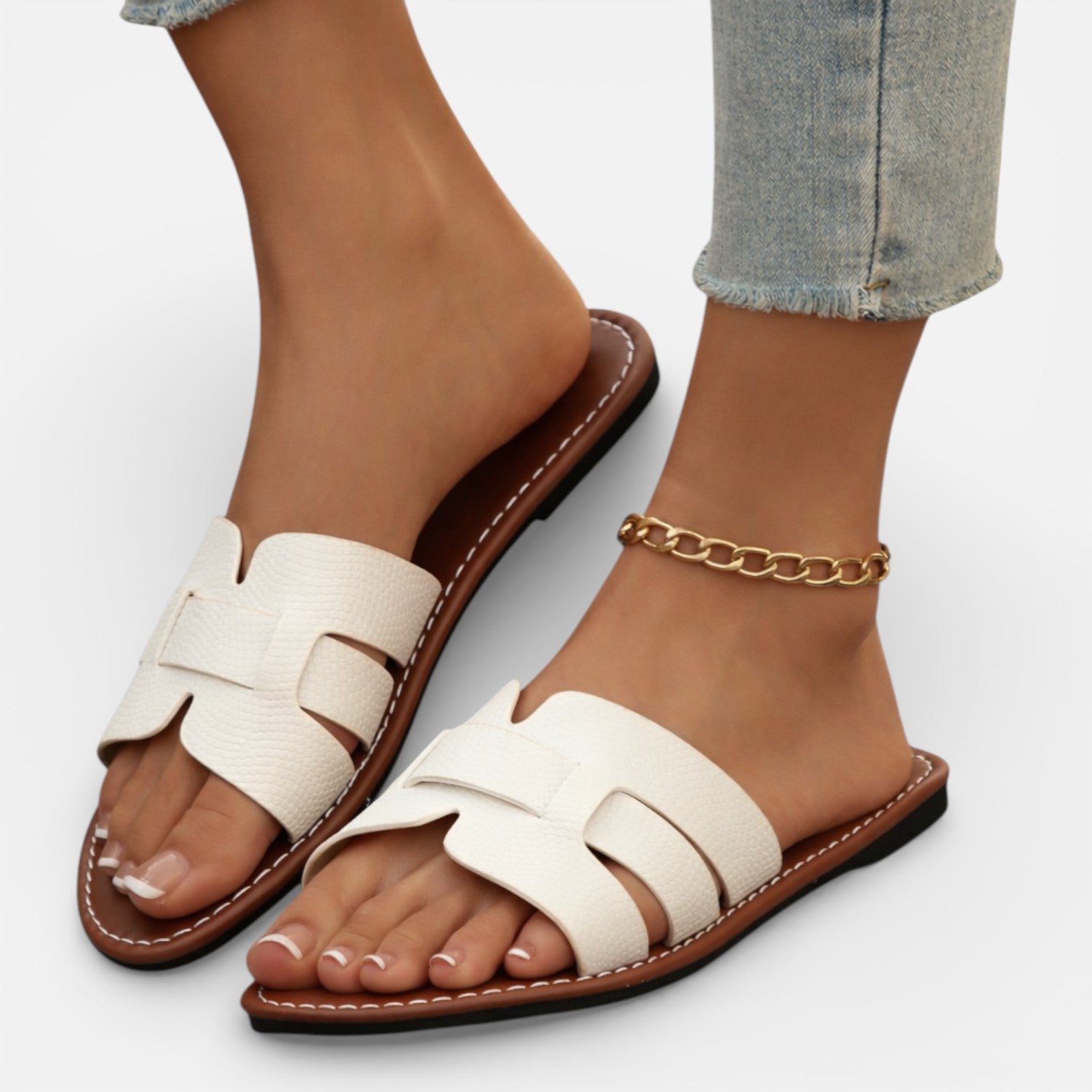 Felorro | Women’s Leather Slide Sandals Cushioned Comfort Flat Open Toe