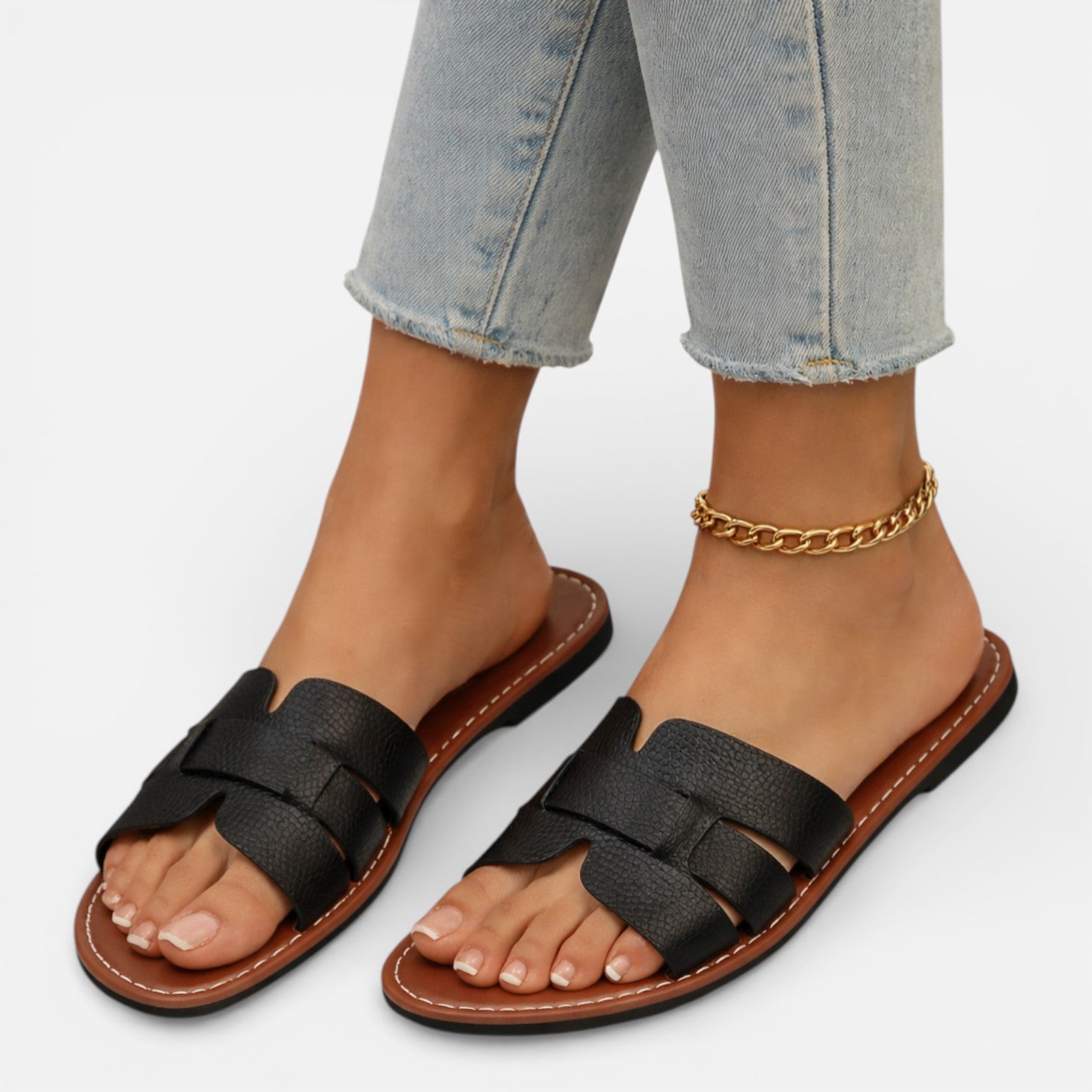 Felorro | Women’s Leather Slide Sandals Cushioned Comfort Flat Open Toe