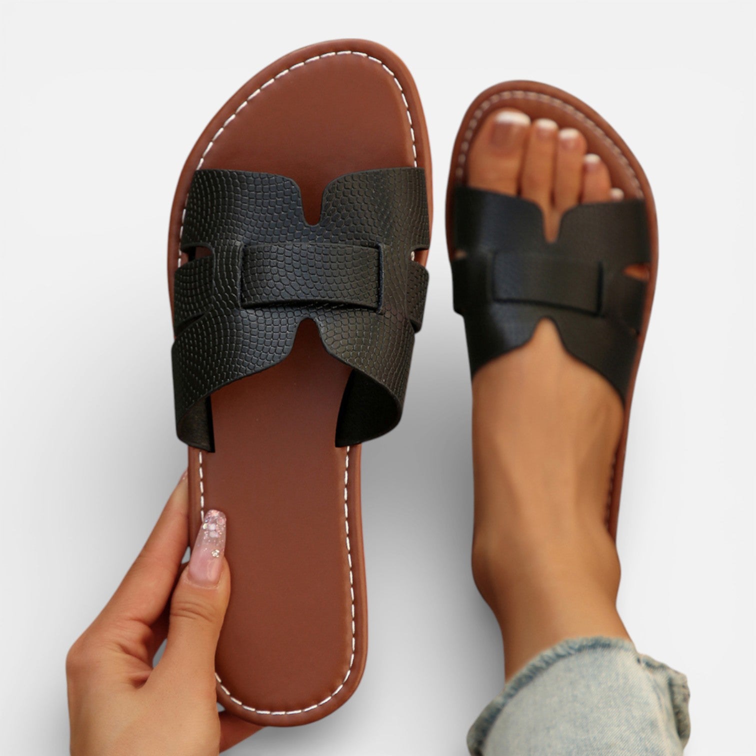 Felorro | Women’s Leather Slide Sandals Cushioned Comfort Flat Open Toe