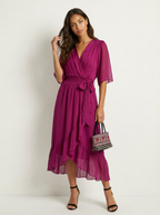 Women's Flowy Wrap Midi Dress with Tie Waist