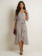 Women's Flowy Wrap Midi Dress with Tie Waist