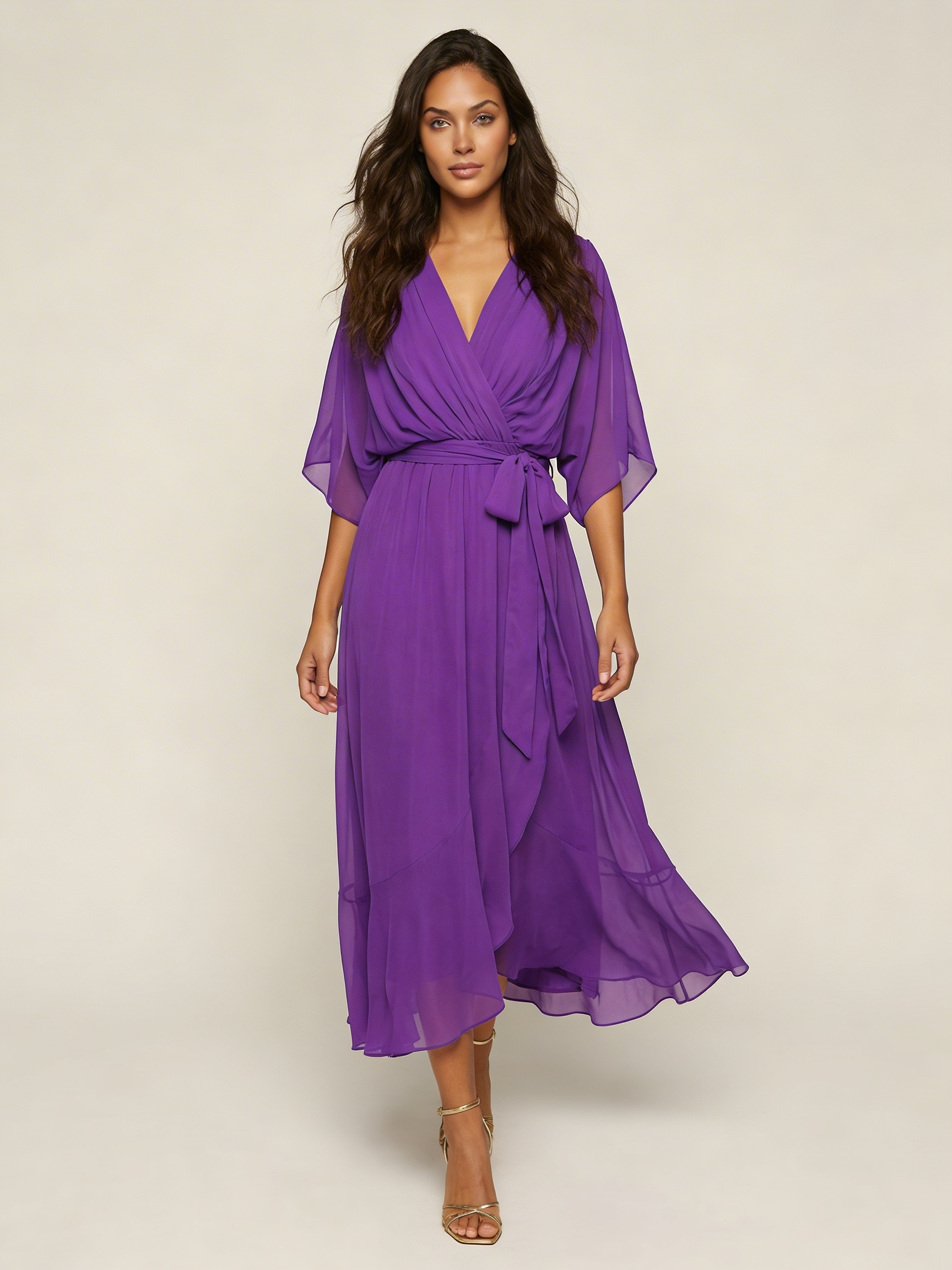 Women's Flowy Wrap Midi Dress with Tie Waist