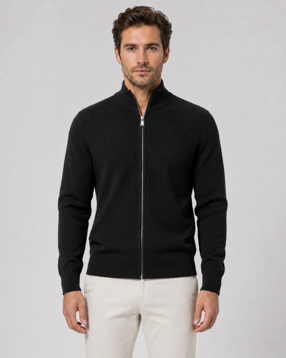 Men’s Full-Zip Knit Cardigan with Stand Collar