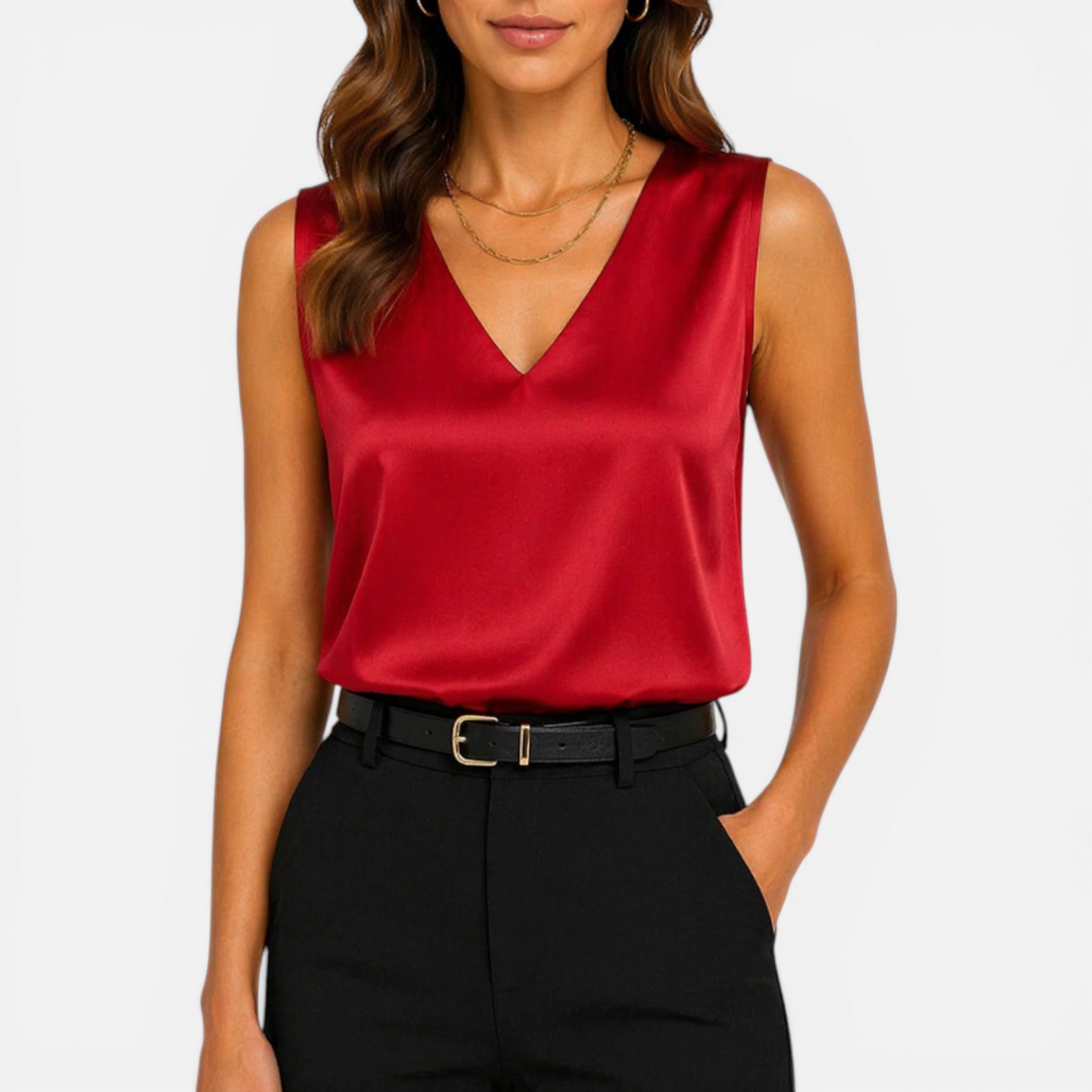 Felorro | Women’s Satin Blouse Sleeveless V Neck Elegant Silky Top