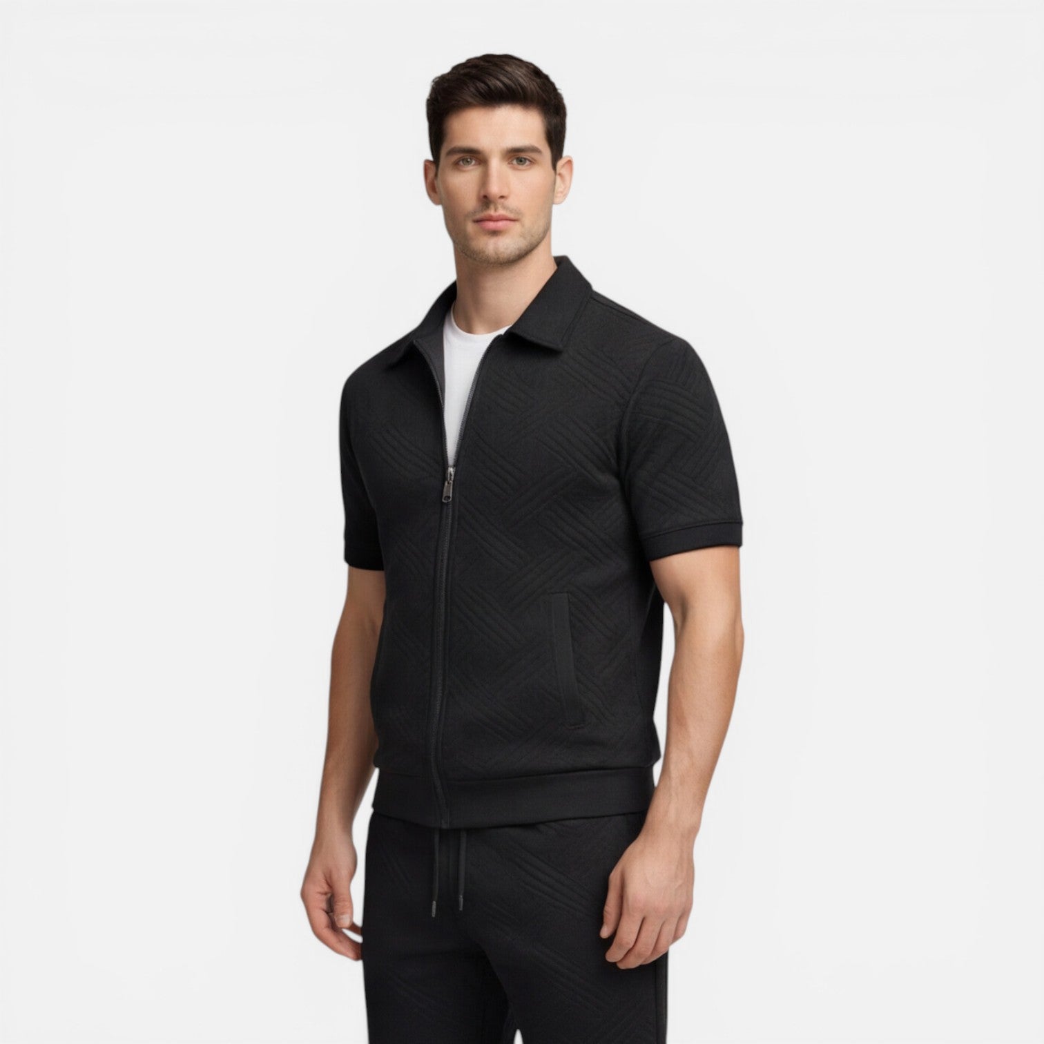 Felorro | Men’s Summer Matching Set Zip Shirt Drawstring Shorts Slim Fit