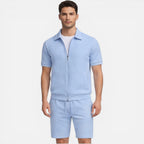 Felorro | Men’s Summer Matching Set Zip Shirt Drawstring Shorts Slim Fit