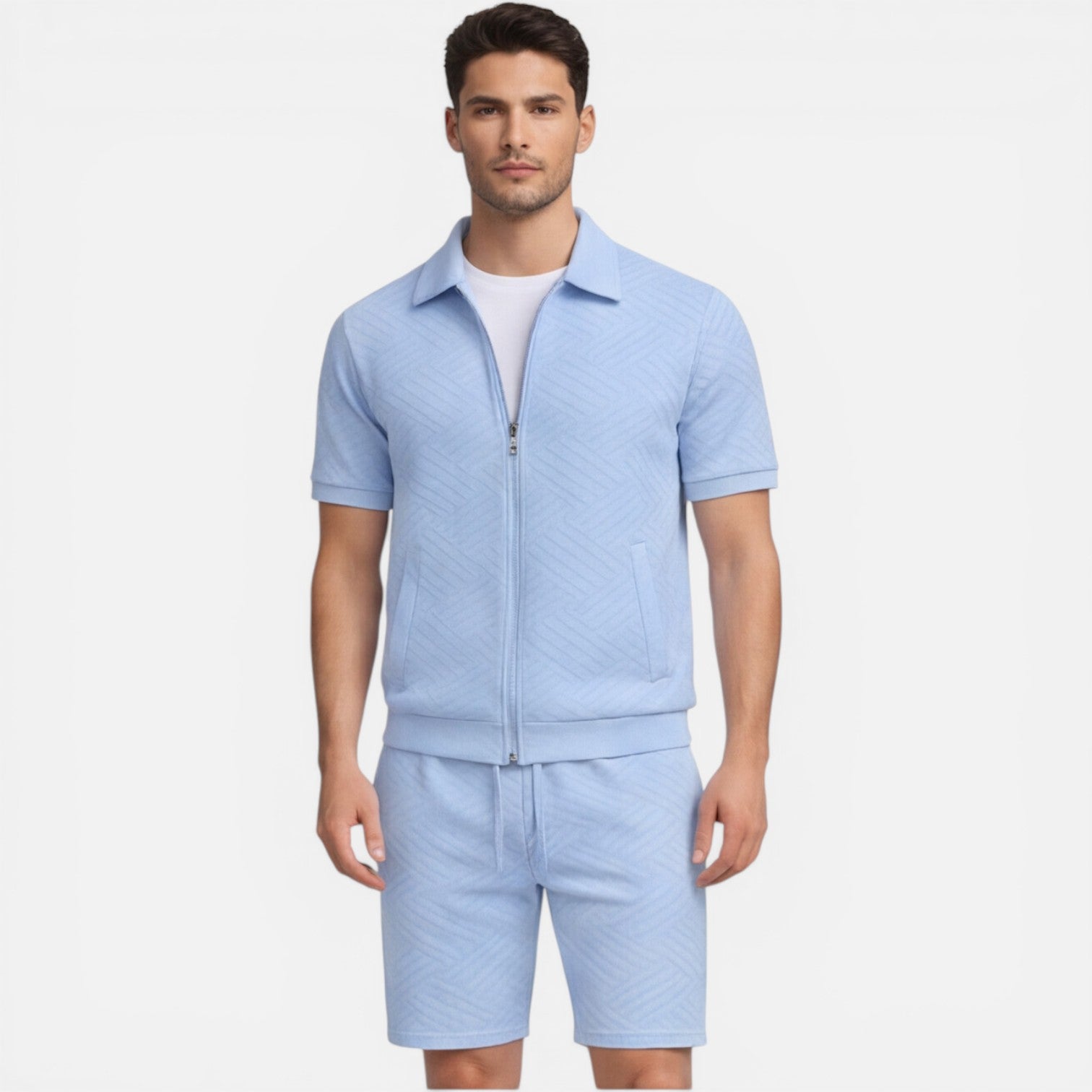 Felorro | Men’s Summer Matching Set Zip Shirt Drawstring Shorts Slim Fit