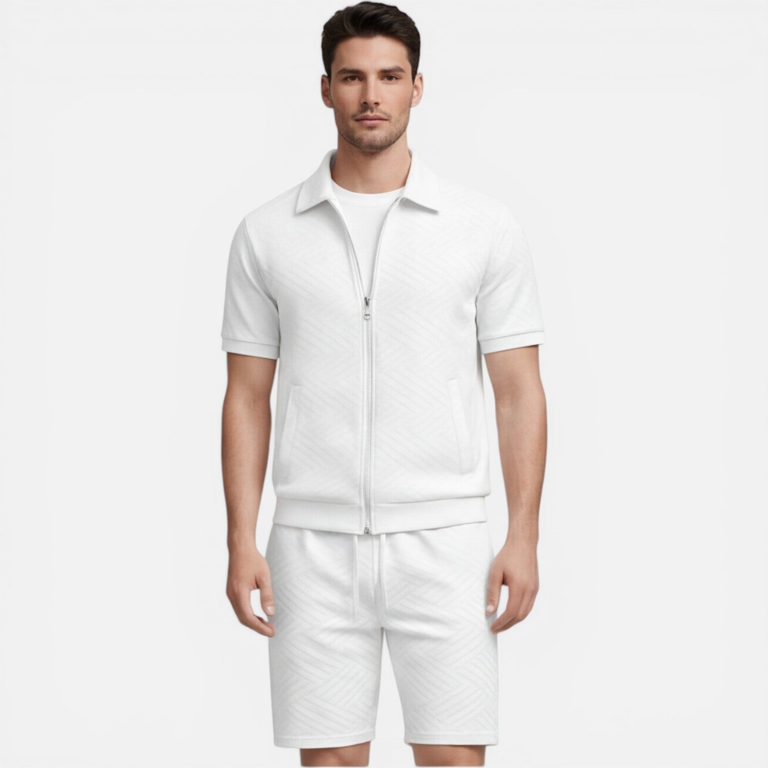 Felorro | Men’s Summer Matching Set Zip Shirt Drawstring Shorts Slim Fit