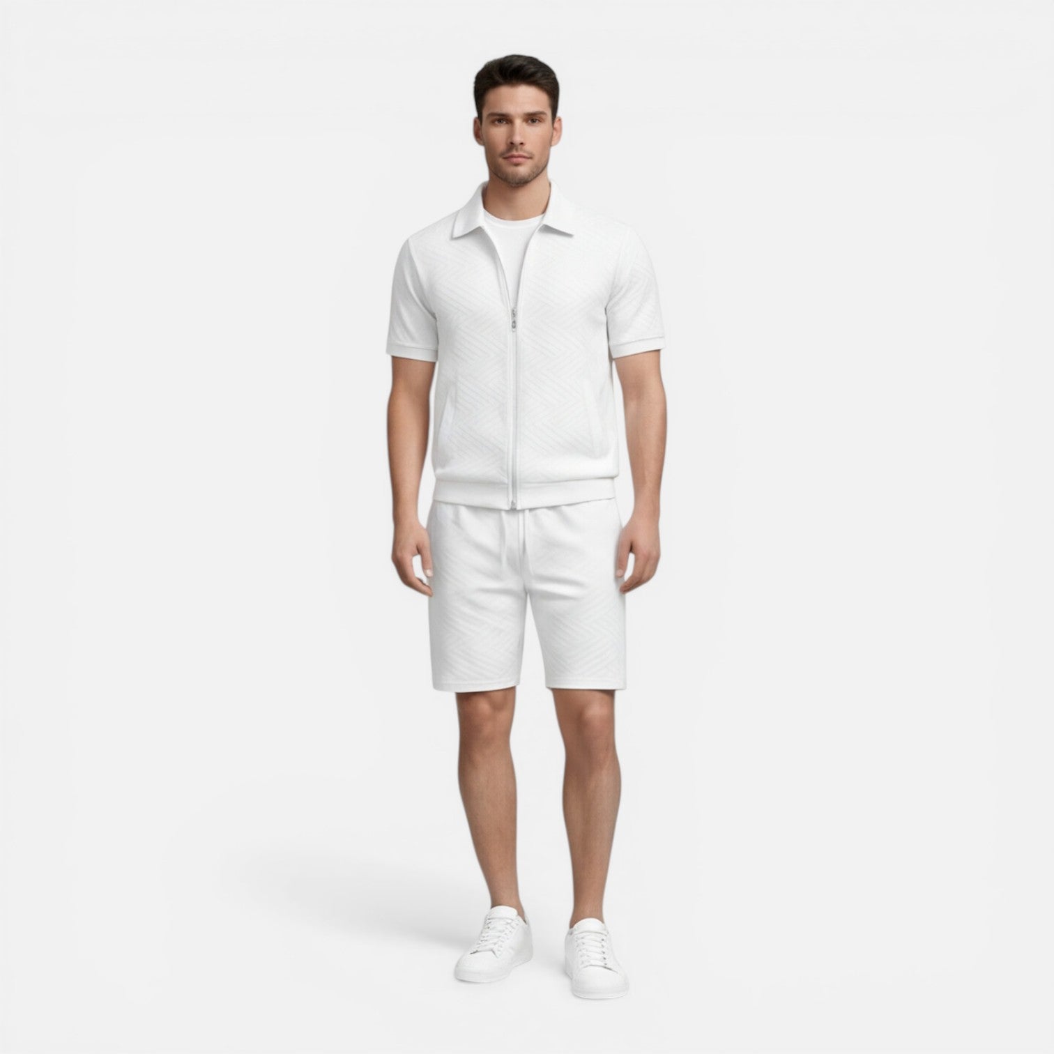 Felorro | Men’s Summer Matching Set Zip Shirt Drawstring Shorts Slim Fit