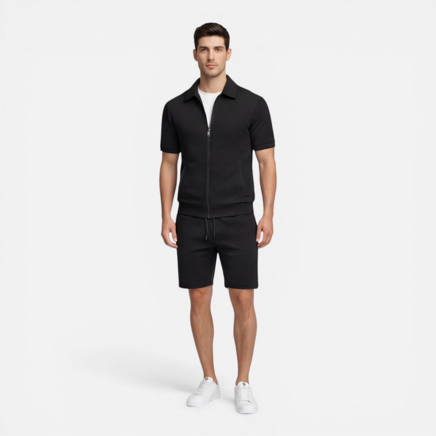 Felorro | Men’s Summer Matching Set Zip Shirt Drawstring Shorts Slim Fit