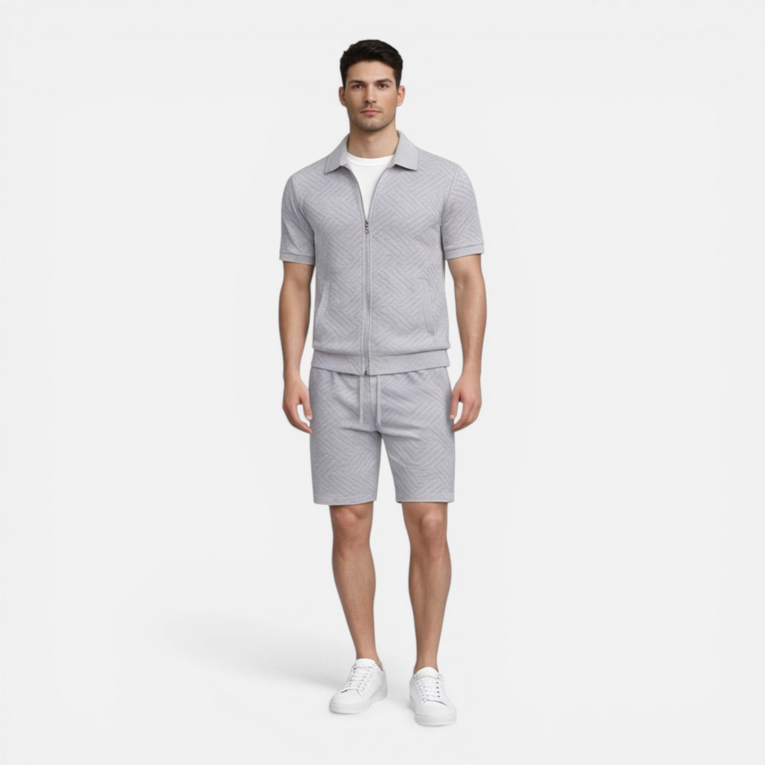 Felorro | Men’s Summer Matching Set Zip Shirt Drawstring Shorts Slim Fit