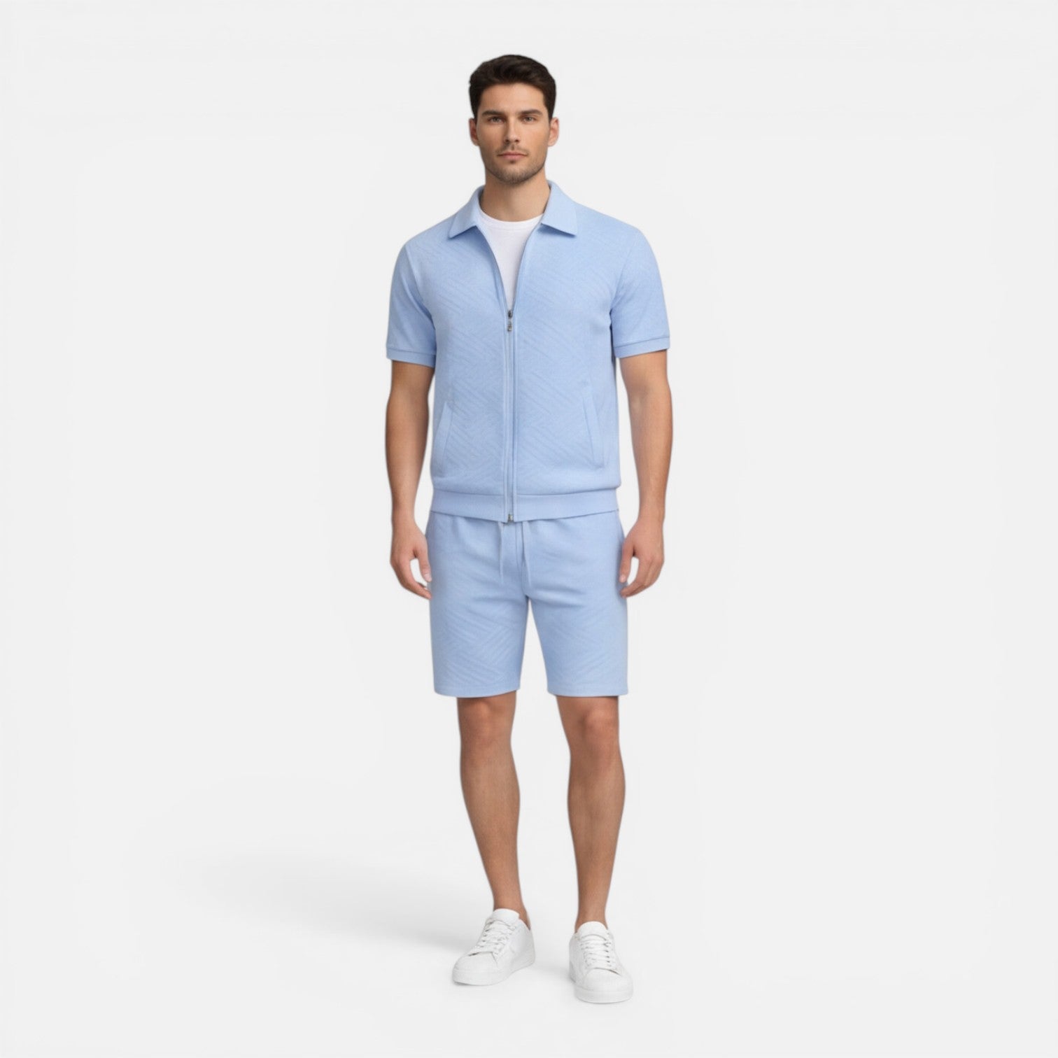 Felorro | Men’s Summer Matching Set Zip Shirt Drawstring Shorts Slim Fit
