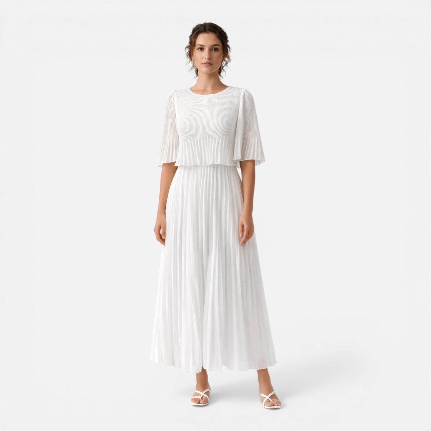 Felorro | Women’s White Chiffon Pleated Maxi Dress for Wedding Guest