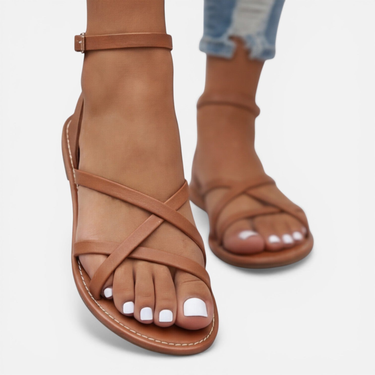 Felorro | Women’s Leather Strappy Sandals Flat Minimalist Ankle Strap