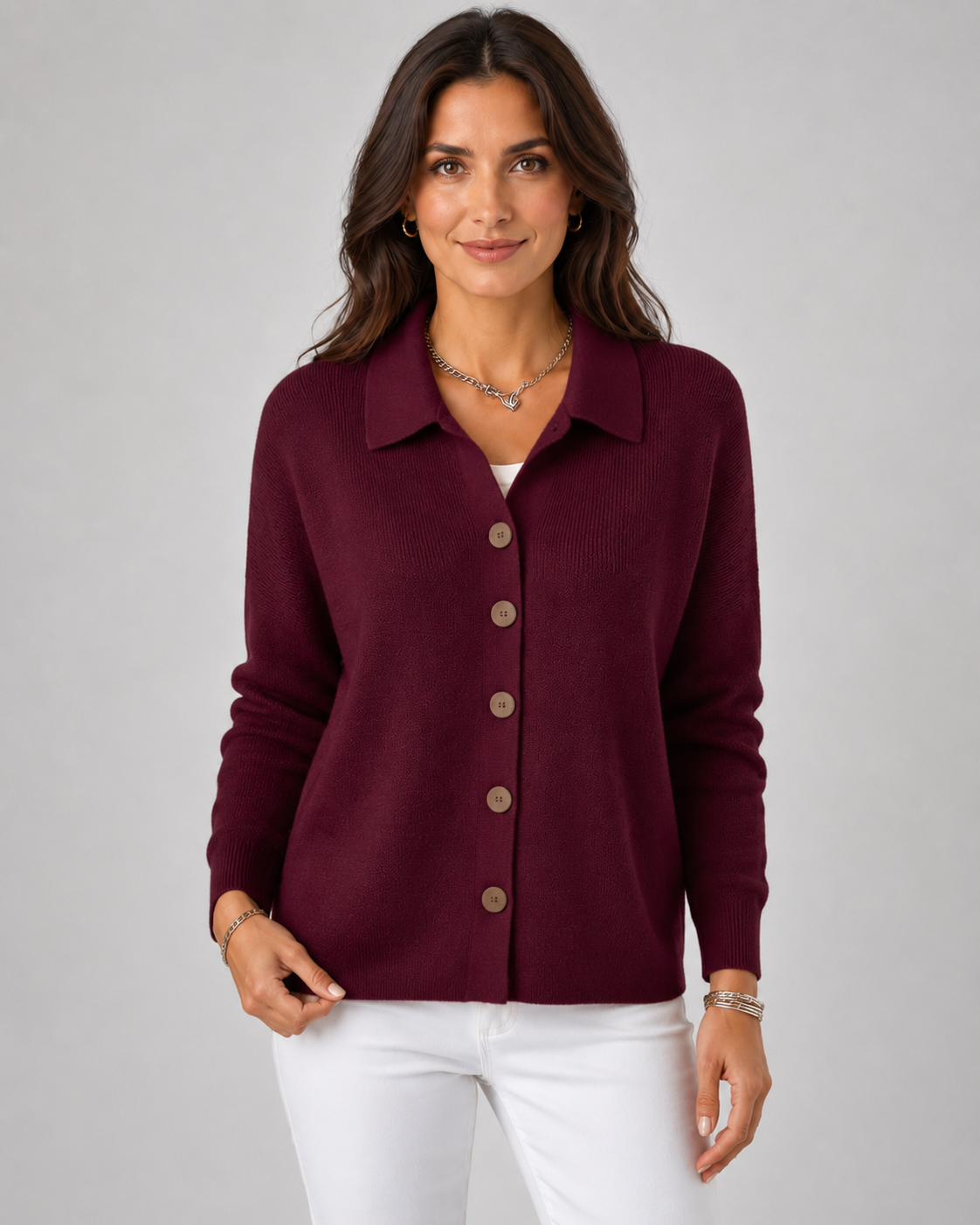 Women’s Button-Up Knit Cardigan – Collared Relaxed Fit