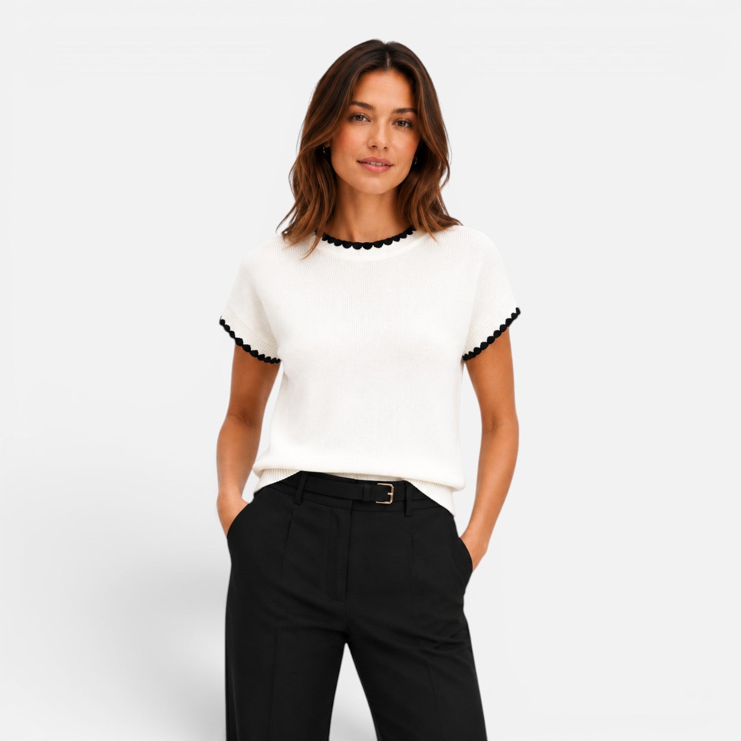 Felorro | Women’s Contrast Trim Knit Top – Short Sleeve Crew Neck