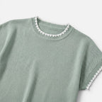 Felorro | Women’s Contrast Trim Knit Top – Short Sleeve Crew Neck
