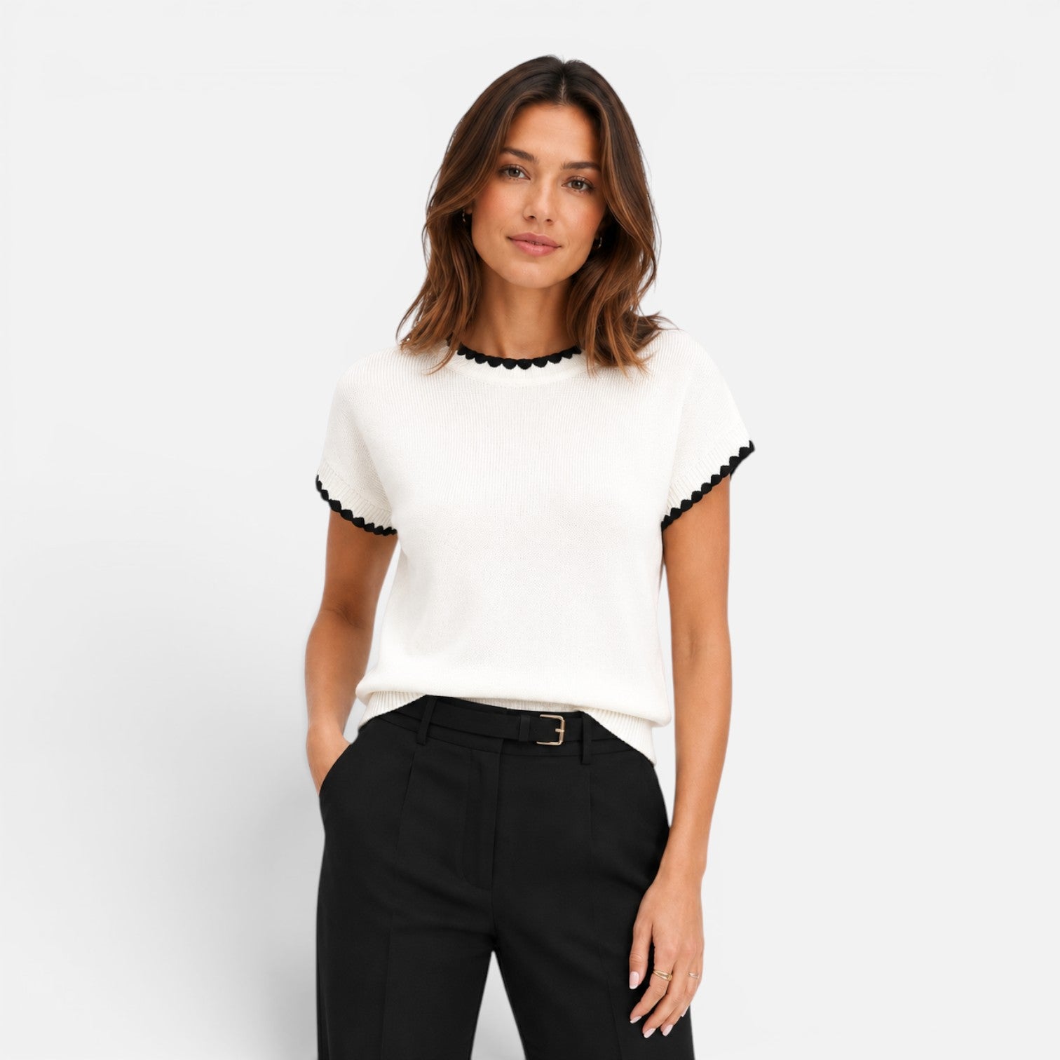 Felorro | Women’s Contrast Trim Knit Top – Short Sleeve Crew Neck